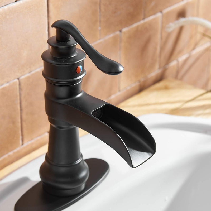 BATHFINESSE Black Bathroom Faucet Sink Waterfall Bath Faucets Single Handle Single Hole Deck Mounted Farmhouse Antique Commercial Matching Pop up Drain Stopper for Sink Supply Lines Hose by Bathfinesse - Image 5
